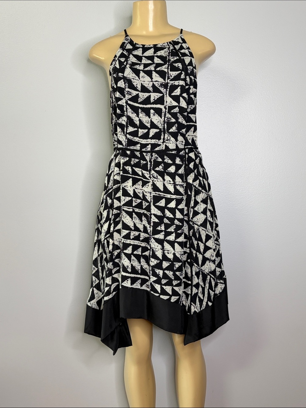 Elorie Asymmetric Black & White Geo Print Halter Dress Size S